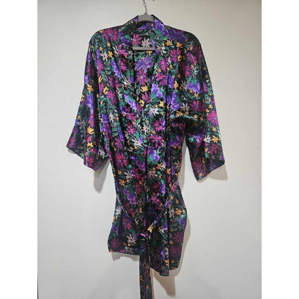 Vintage‎ Sedi Kimono Robe Womens One Size Multi Floral Satin Belted Hong Kong